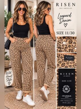 RISEN Leopard Print Wide-Leg Jeans in Tan